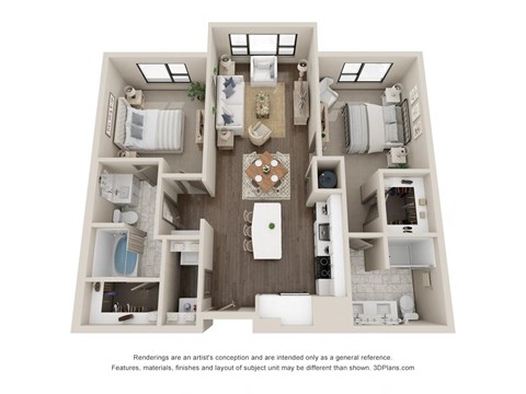 a 3d floor plan of a laurel commons apartment